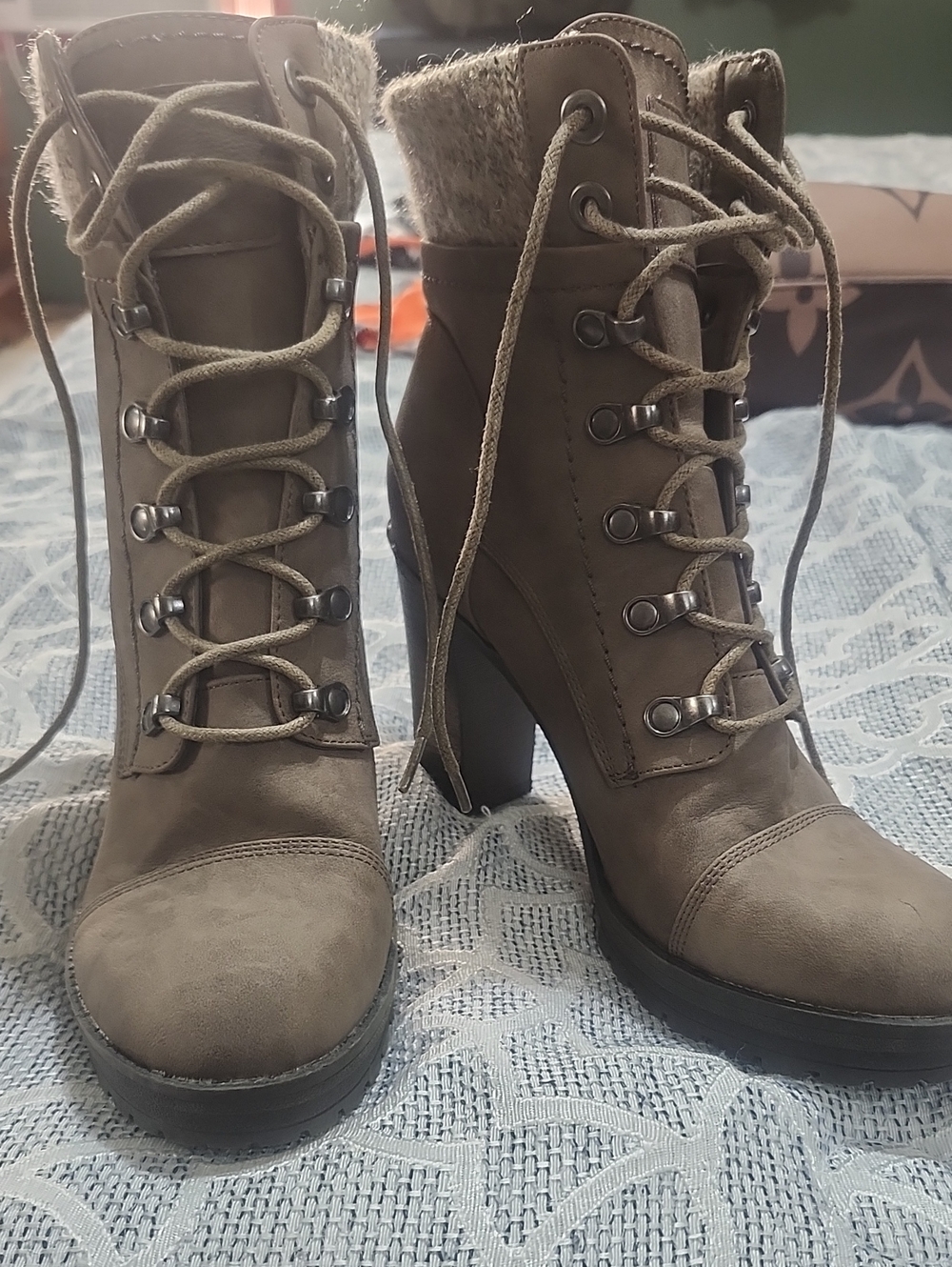 Charlotte Russe Taupe Lace-Up Faux Fur Trim Heeled Ankle Boots